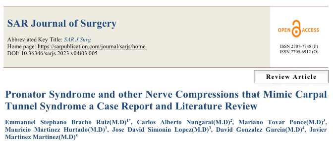 SAR Journal of Surgery 학술지 논문 '손목터널증후군을 모방하는 회내근 증후군 및 기타 신경 압박' 제목 페이지