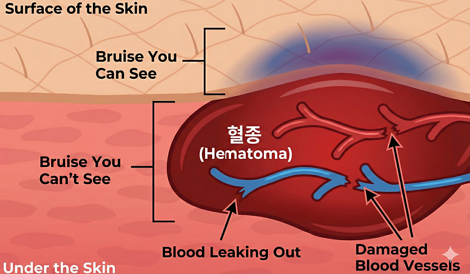 피부 단면도에서 손상된 혈관에서 혈액이 새어 나와 피부 아래에 혈종(hematoma)이 형성되는 모습을 보여주는 그림.