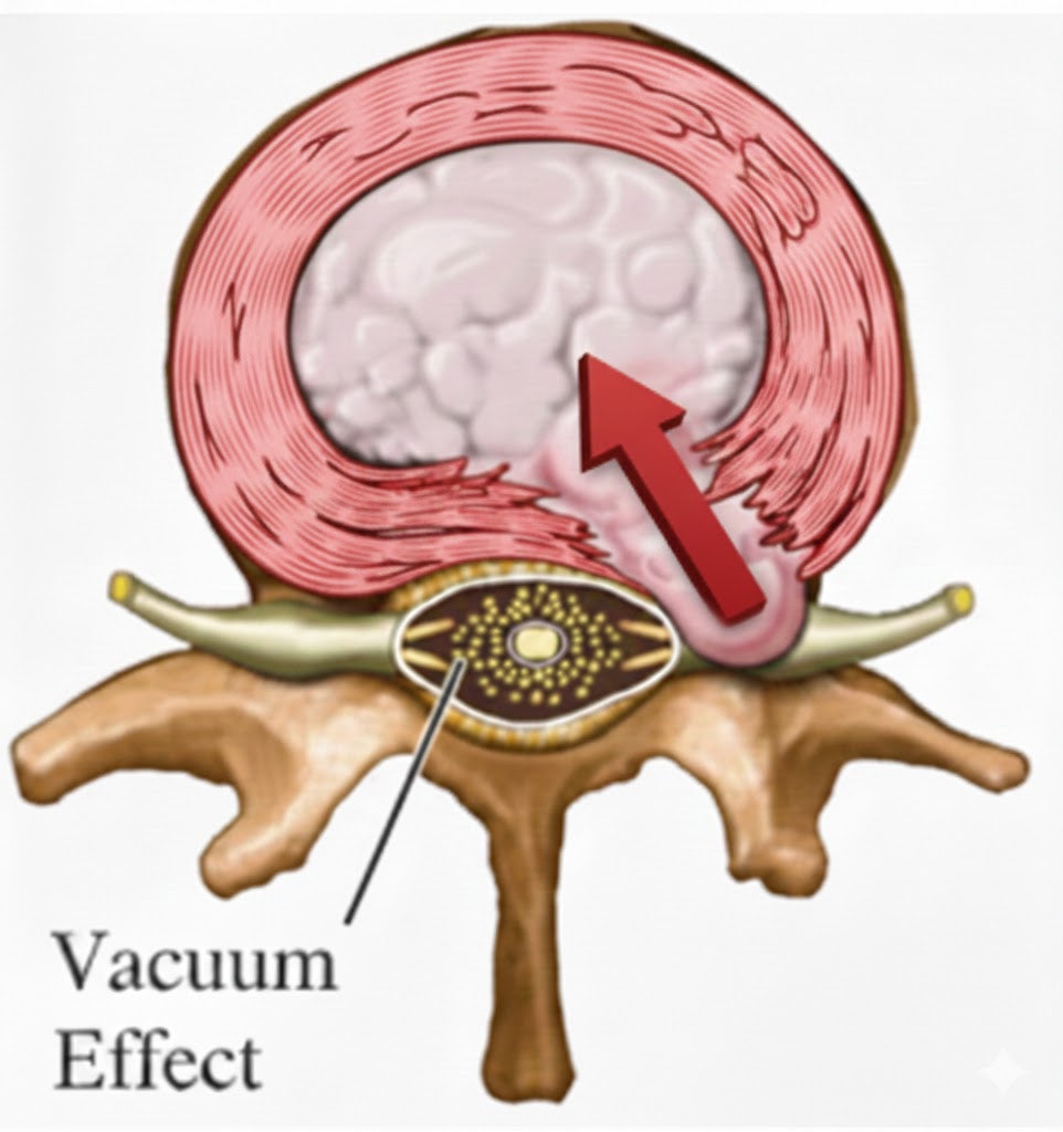 척추 디스크 단면도에서 디스크 내부로 향하는 빨간색 화살표와 'Vacuum Effect' 문구가 있는 그림.