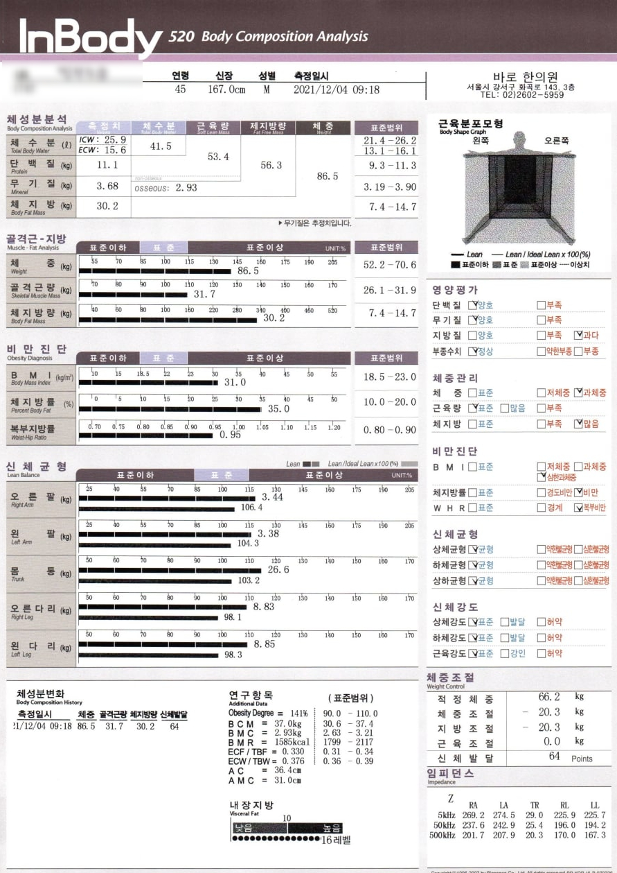 45세 남성의 2021년 12월 4일자 인바디 520 체성분 분석 결과지