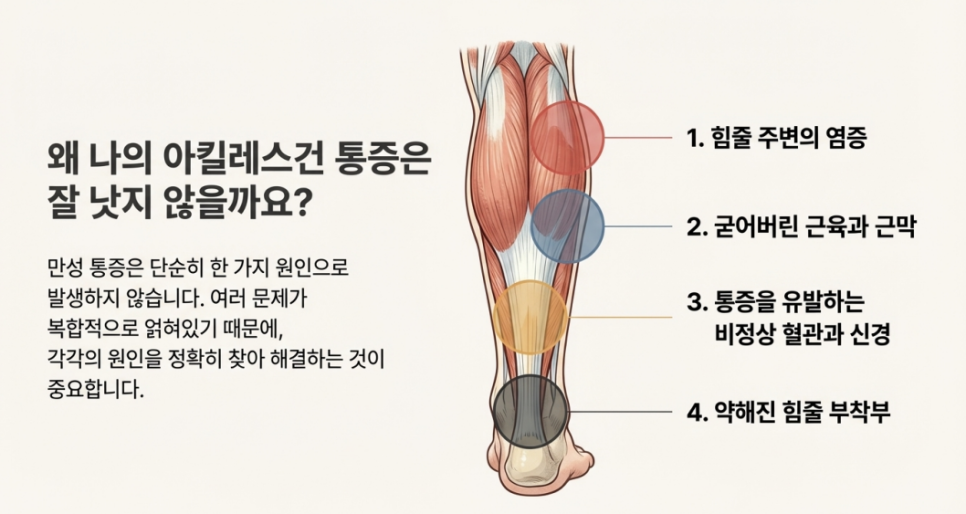 아킬레스건 통증의 복합적인 원인을 설명하는 다리 근육 해부도 일러스트