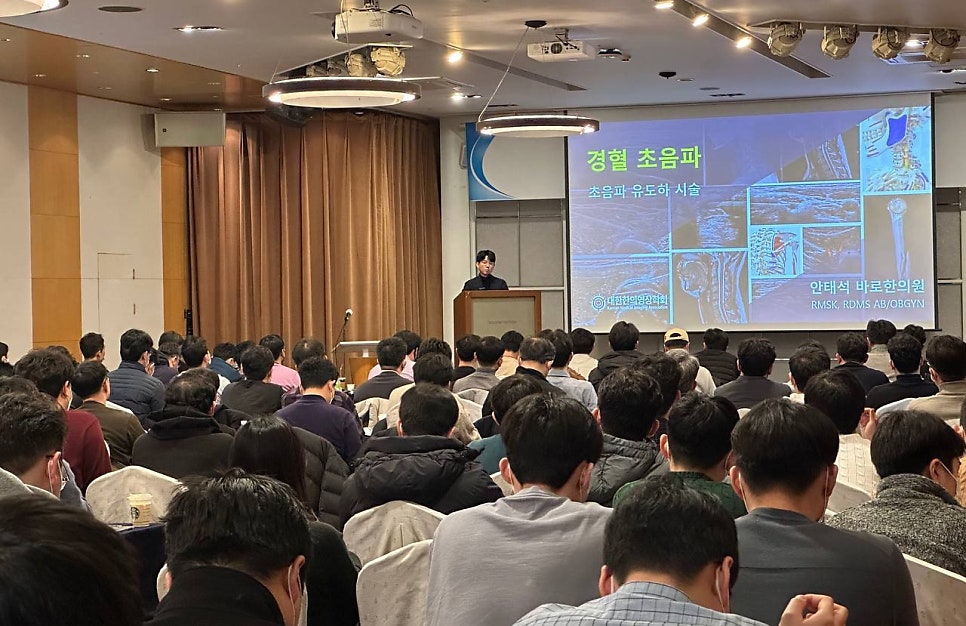 강사가 단상에서 경혈 초음파 관련 자료가 보이는 스크린 앞에서 청중에게 강연하는 모습 — 대한한의영상학회 초음파 약침·도침 강의 | 서울 바로한의원
