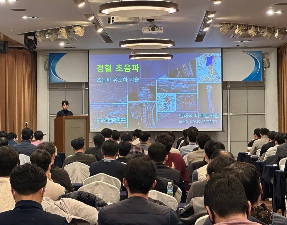 강사가 청중 앞에서 강연하고 있으며, 스크린에는 경혈 초음파와 초음파 유도 시술 관련 내용과 여러 초음파 영상이 보인다.
