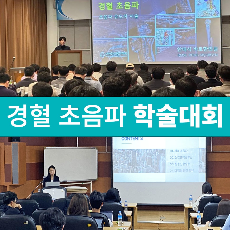 강당에서 강사가 발표하고 참석자들이 경혈 초음파 학술대회 화면을 보고 있는 모습
