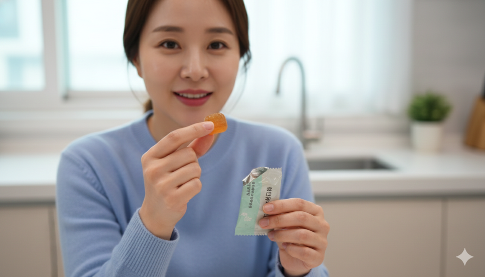 한 여성이 청인유쾌환 젤리와 포장지를 들고 미소 짓고 있다.