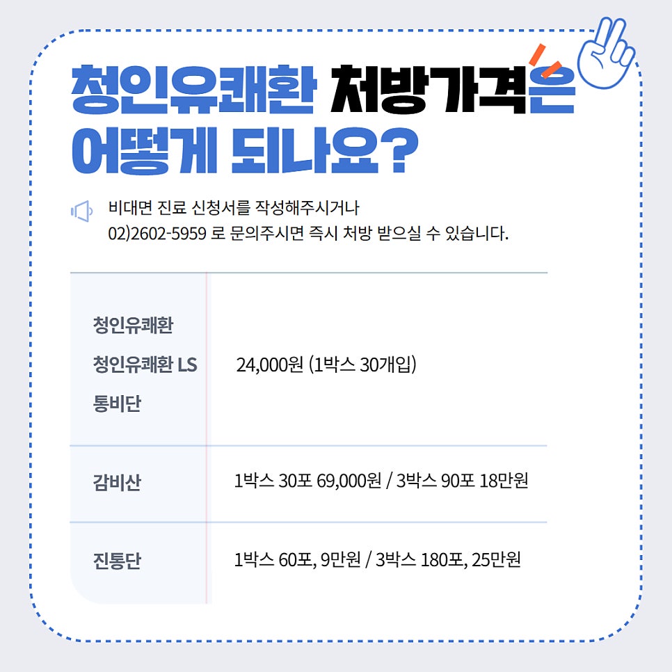 청인유쾌환, 감비산, 진통단의 처방 가격이 정리된 표입니다.