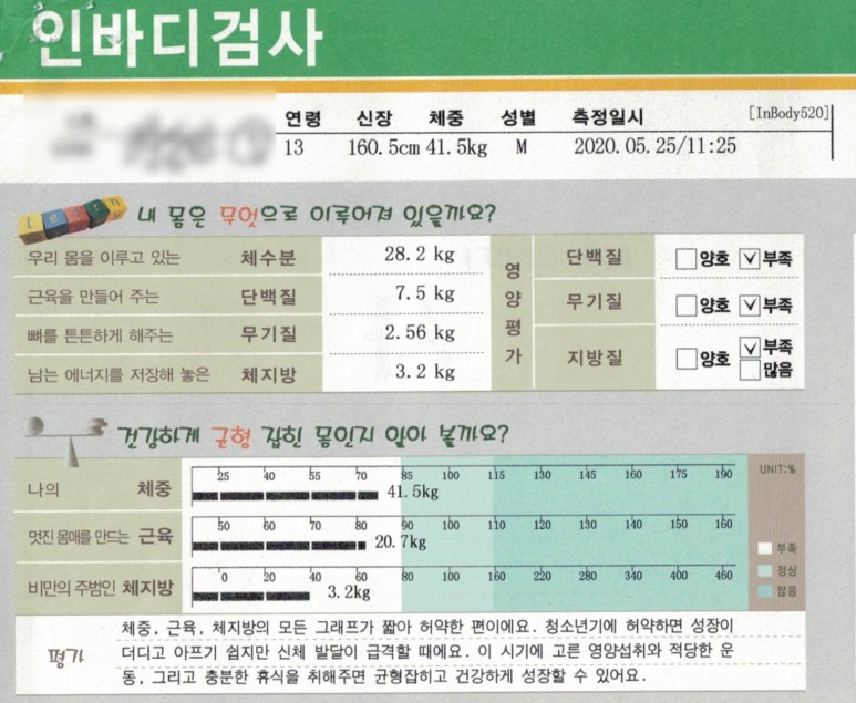 13세 남학생의 인바디 검사 결과가 표시된 용지로, 신체 구성 성분과 평가 내용이 담겨 있습니다.