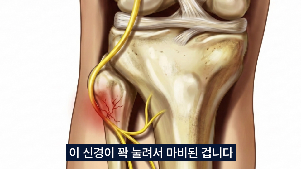 무릎 아래 비골두 주변의 신경이 압박되어 마비된 모습을 묘사한 그림.