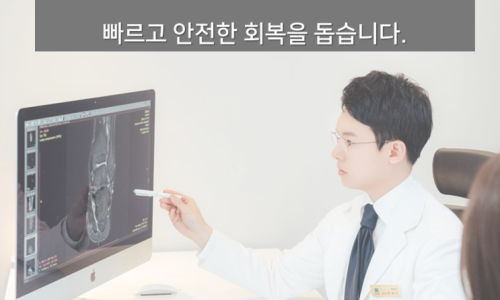의사가 컴퓨터 화면에 보이는 발목 스캔 이미지를 가리키며 설명하고 있다.