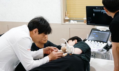 한의사가 환자의 팔에 초음파 검사를 진행하고 있으며, 다른 한 명이 초음파 모니터를 주시하고 있다.