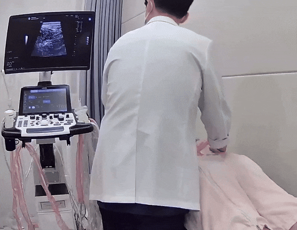 의사가 환자의 허리 부위를 초음파 기기로 검사하고 있으며, 초음파 화면이 보인다.