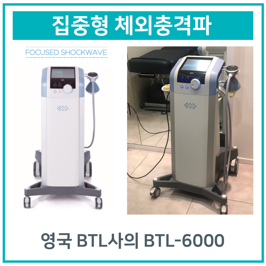 영국 BTL사의 BTL-6000 집중형 체외충격파 장비의 제품 사진과 한의원에 설치된 모습 — 서울 바로한의원 초음파 약침·도침