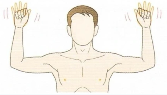 상반신을 그린 그림으로, 양팔을 들어 팔꿈치를 굽히고 주먹을 쥔 모습과 손 주변의 흔들리는 선.