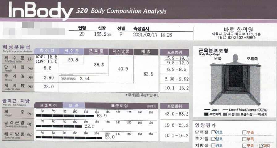 인바디 520 체성분 분석 결과지. 20대 여성의 측정 데이터로, 체중, 체지방량, 골격근량 등의 수치와 근육 분포 모형이 표시되어 있다.