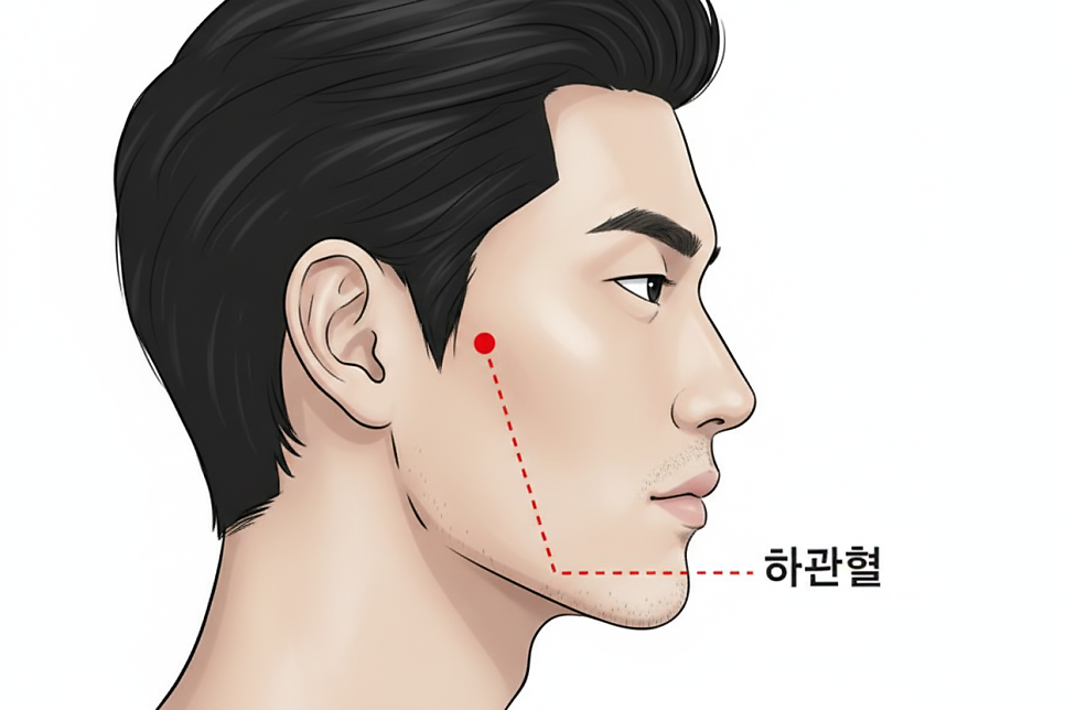남성의 옆모습 일러스트에서 귀 아래 턱관절 부위에 하관혈(ST7) 혈자리가 붉은 점과 점선으로 표시되어 있다.