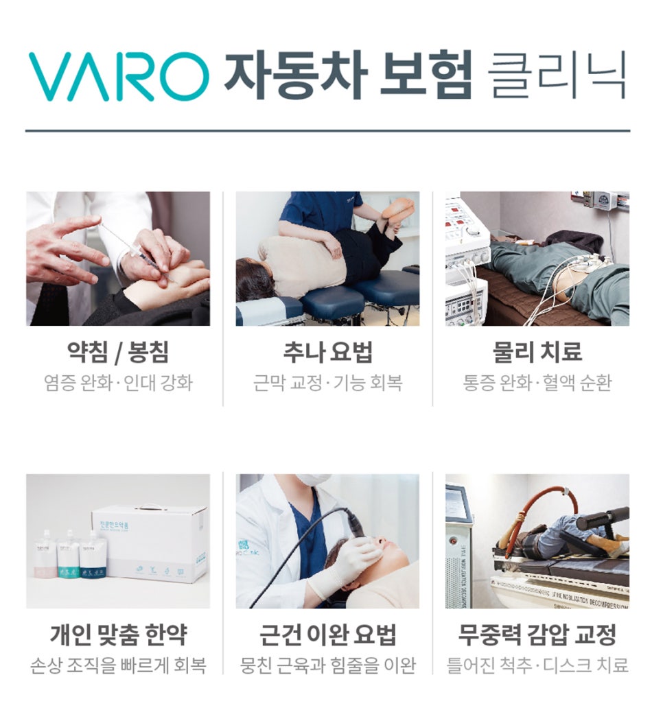 한의원에서 자동차 사고 후유증 치료를 위한 약침, 추나, 물리치료, 한약, 근건 이완 요법, 무중력 감압 교정 등 여섯 가지 치료법을 소개하는 안내 이미지.