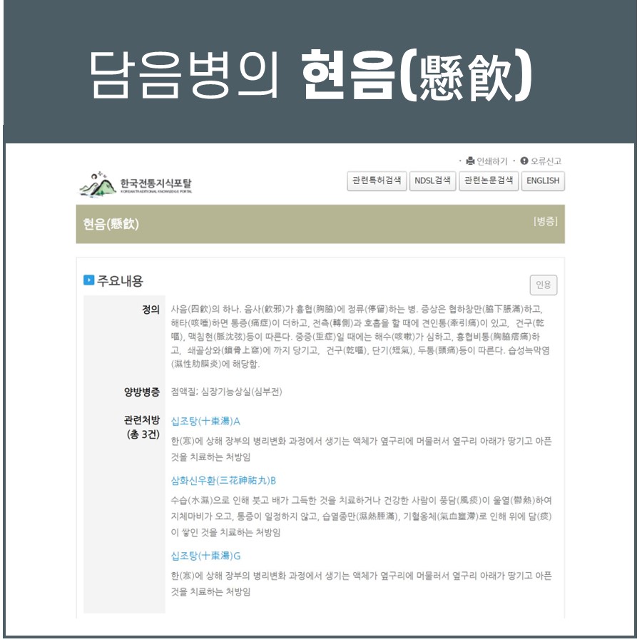 한국전통지식포탈에서 담음병의 일종인 현음(懸飲)의 정의와 관련 처방을 설명하는 웹페이지 화면