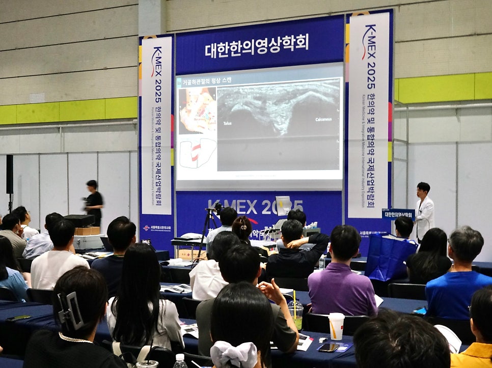 강의실에서 강사가 청중에게 발목 초음파 영상이 보이는 스크린을 보며 설명하고 있다.