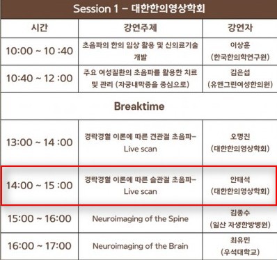 대한한의영상의학회 세션 1의 학술대회 강연 시간표로, 초음파 관련 강연 주제와 강연자가 기재되어 있습니다.