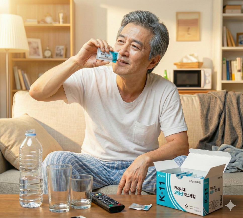 흰색 티셔츠를 입은 중년 남성이 소파에 앉아 크라시에 K-11 오령산 약을 복용하고 있다. 테이블 위에는 물병, 컵, 리모컨, 그리고 크라시에 K-11 오령산 상자가 놓여 있다.