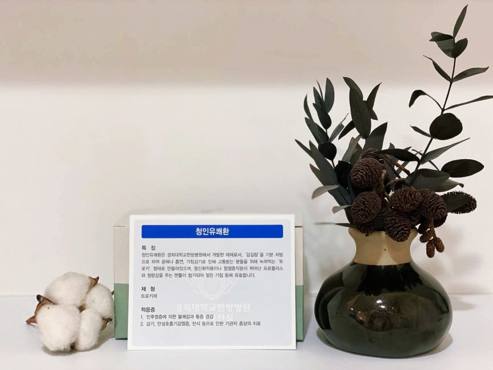 경희대학교한방병원 청인유쾌환 제품 상자가 목화솜과 마른 식물 장식 옆에 놓여 있다.