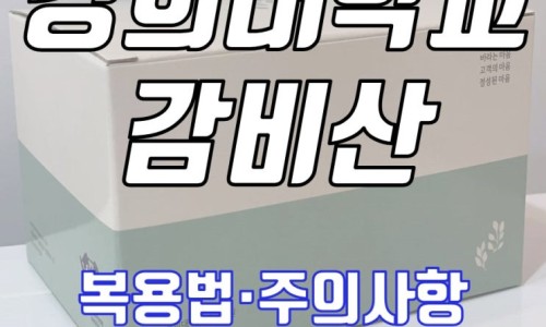경희대학교 감비산과 복용법·주의사항 문구가 적힌 연한 색상의 상자