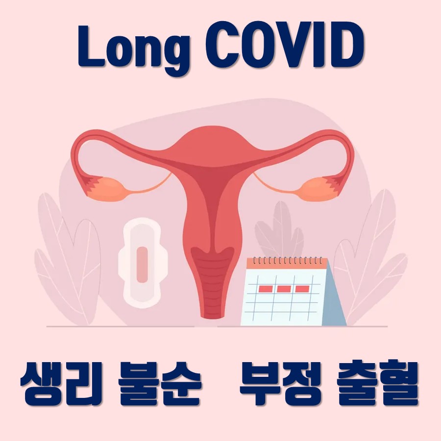 상단에 'Long COVID' 문구, 중앙에 자궁, 생리대, 달력 그림, 하단에 '생리 불순 부정 출혈' 문구가 있는 일러스트 — 서울 바로한의원 초음파 약침·도침
