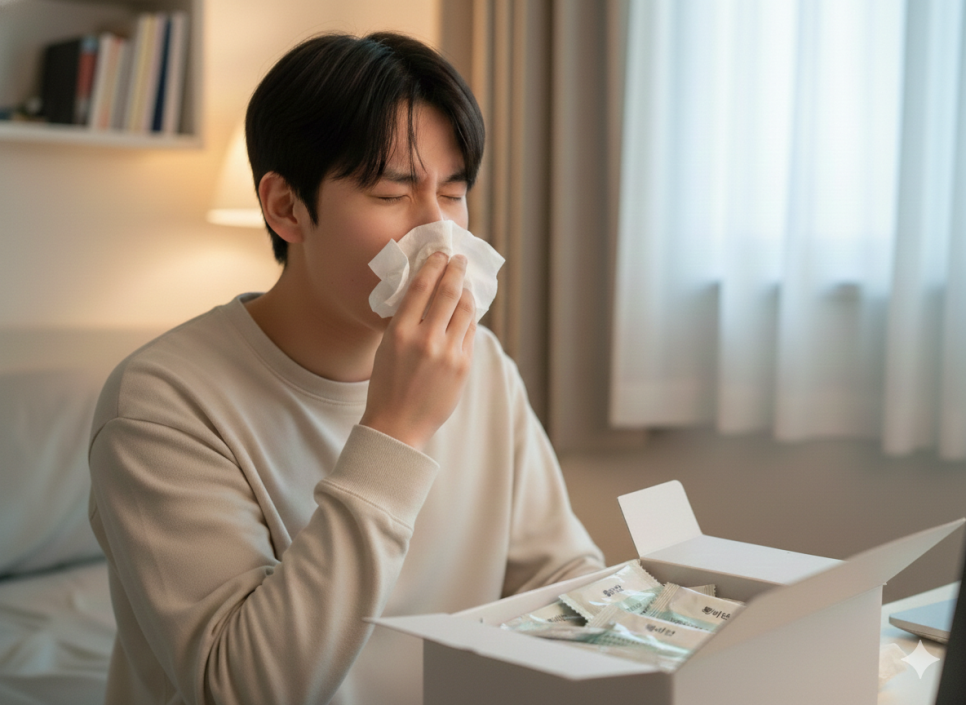 휴지로 코를 풀고 있는 남성과 택배로 받은 약 상자
