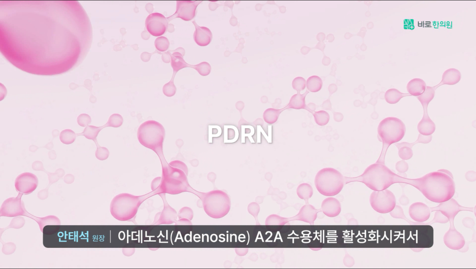 분홍색 배경에 PDRN 글자와 분자 모형들이 떠 있는 모습