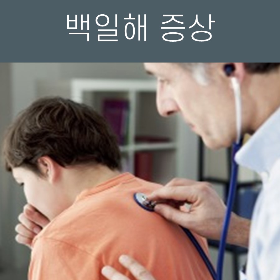 의사가 아이의 등을 청진기로 진찰하는 모습과 상단에 '백일해 증상'이라는 글자가 있는 이미지