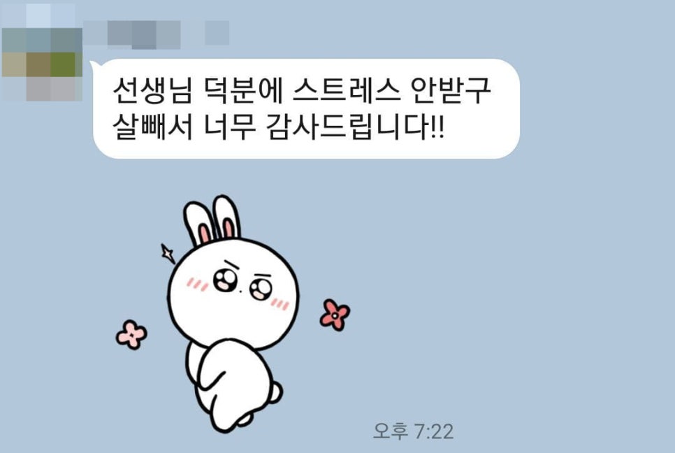 스트레스 없이 살을 뺐다는 내용의 감사 메시지와 토끼 캐릭터 스티커가 있는 채팅 화면