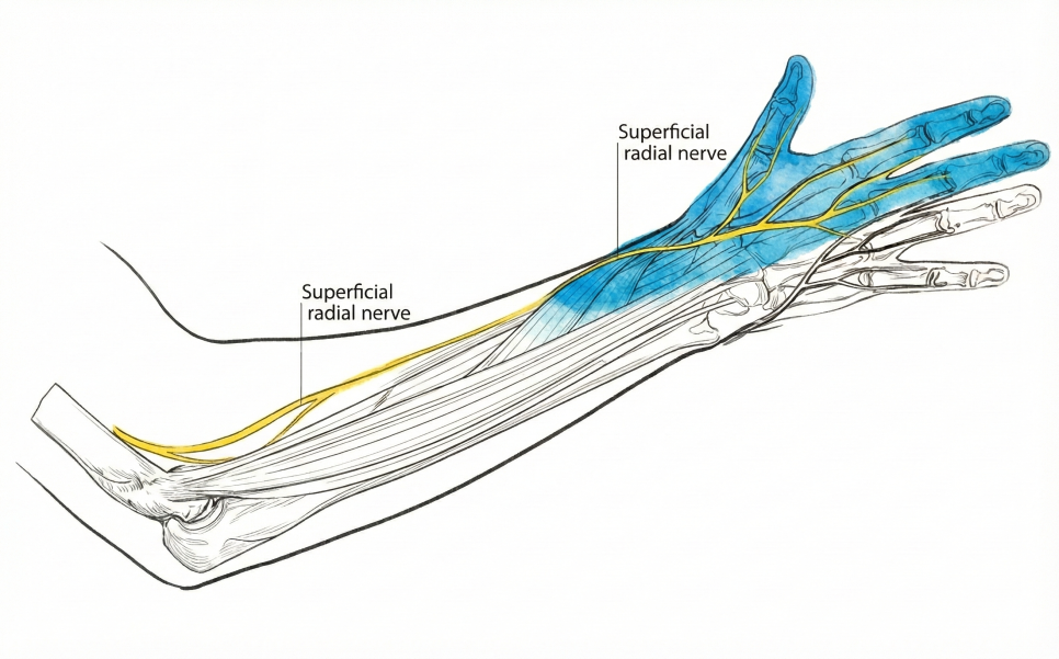 팔과 손의 얕은노신경(superficial radial nerve)의 해부학적 구조와 신경 분포 영역을 보여주는 그림