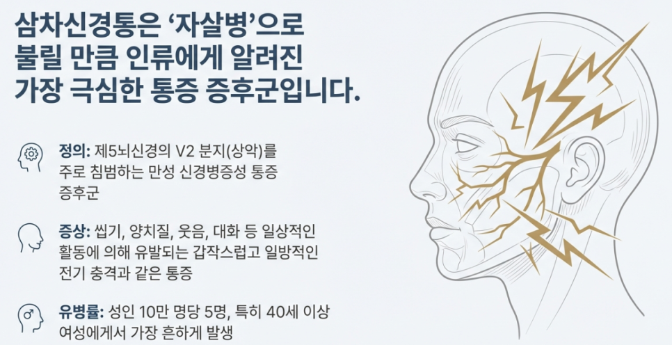 삼차신경통의 정의, 증상, 유병률 정보와 함께 얼굴의 삼차신경 부위에 통증이 표현된 일러스트.