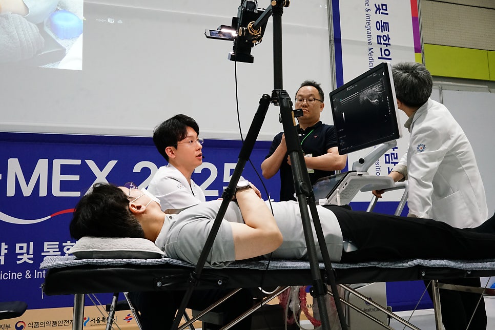 환자가 침대에 누워 있고, 한의사가 설명하며 다른 사람이 초음파 모니터를 보고 있는 모습