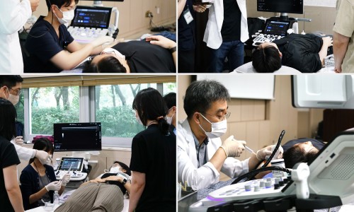 여러 사람이 초음파 기기를 사용하여 환자에게 도침 및 약침 시술을 실습하거나 참관하는 모습