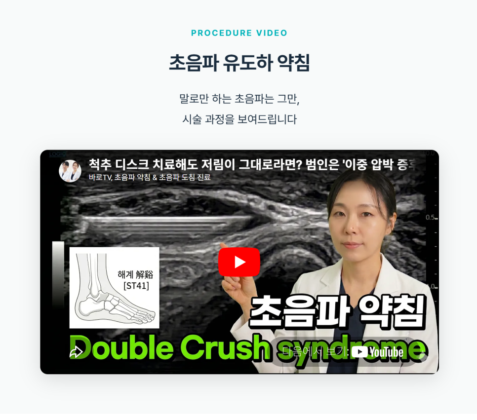 한의사가 초음파 이미지와 발 그림을 배경으로 초음파 유도하 약침 시술에 대해 설명하는 유튜브 영상 썸네일.