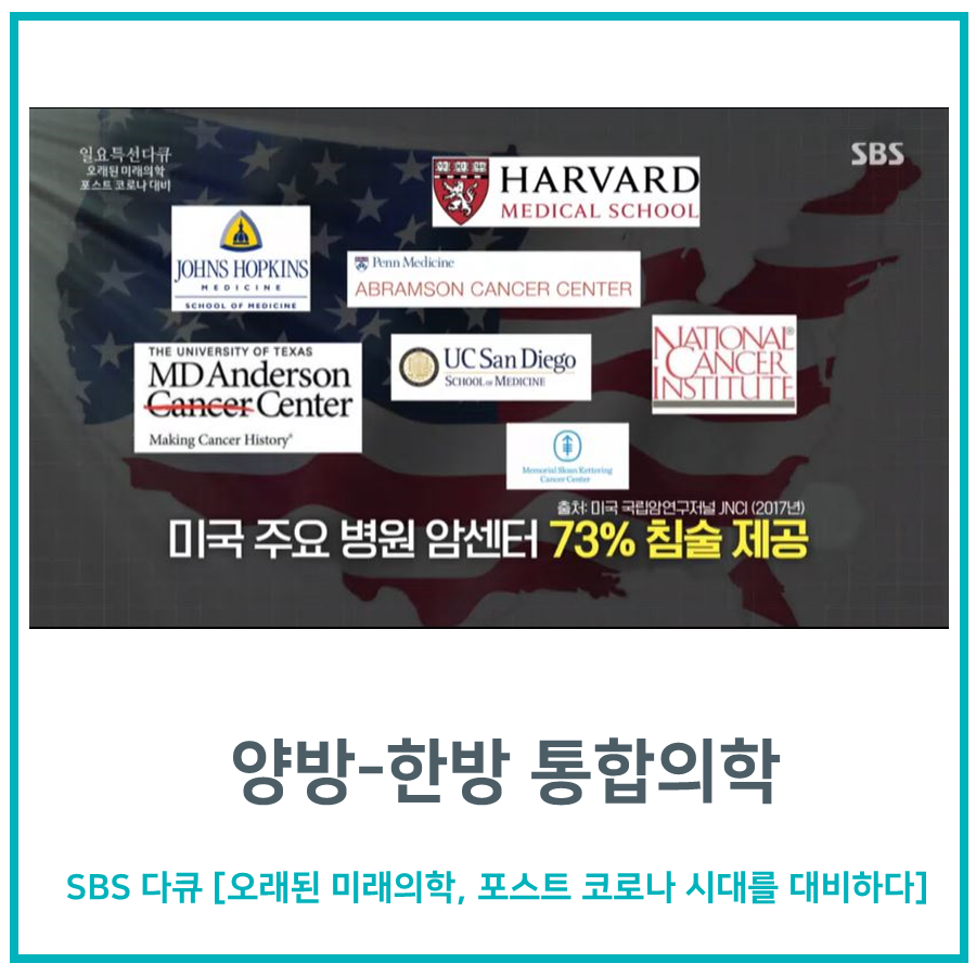 미국 주요 병원 암센터 로고들과 73%가 침술을 제공한다는 문구, 그리고 양방-한방 통합의학이라는 글자가 있는 이미지 — 서울 바로한의원 초음파 약침·도침