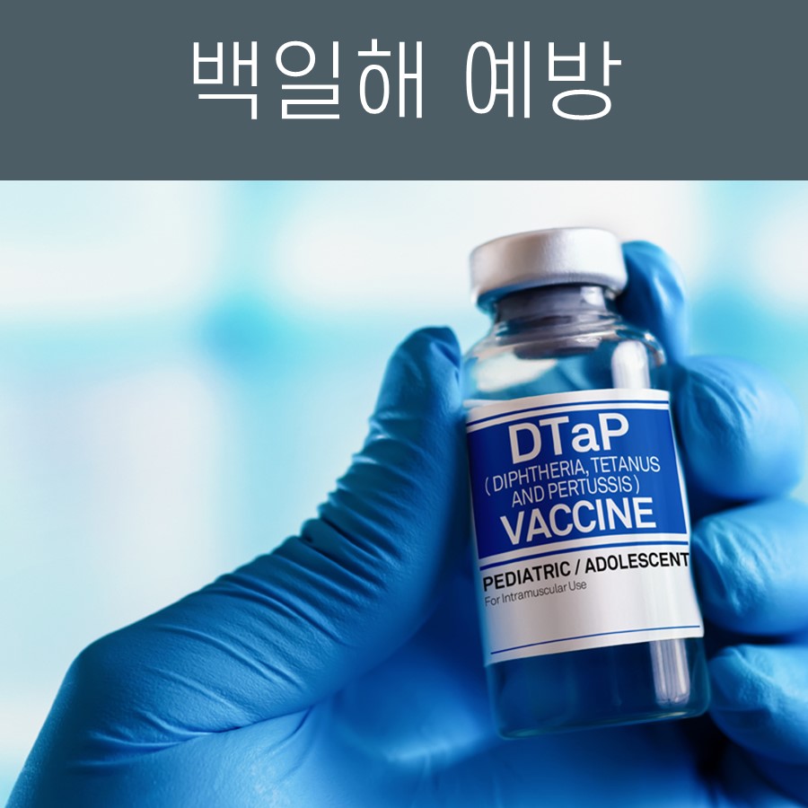 파란색 장갑을 낀 손이 DTaP 백신 병을 들고 있으며, 상단에 '백일해 예방'이라는 글자가 있다.