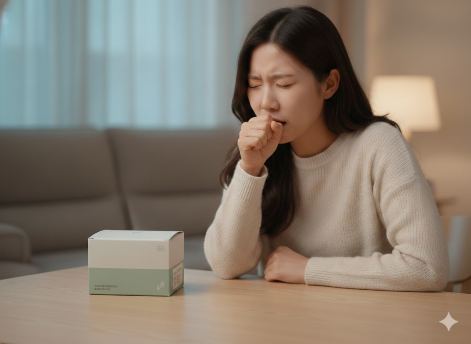 기침하는 여성과 테이블 위의 제품 상자