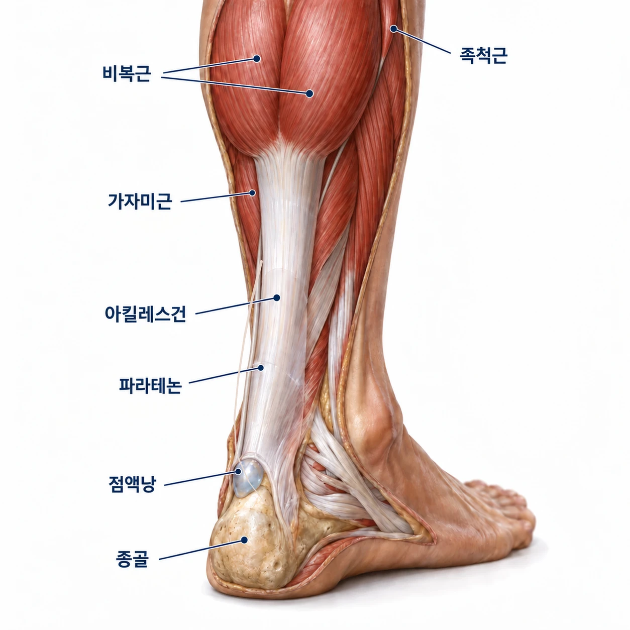 비복근·가자미근·족척근이 합쳐지는 아킬레스건과 파라테논, 점액낭의 구조
