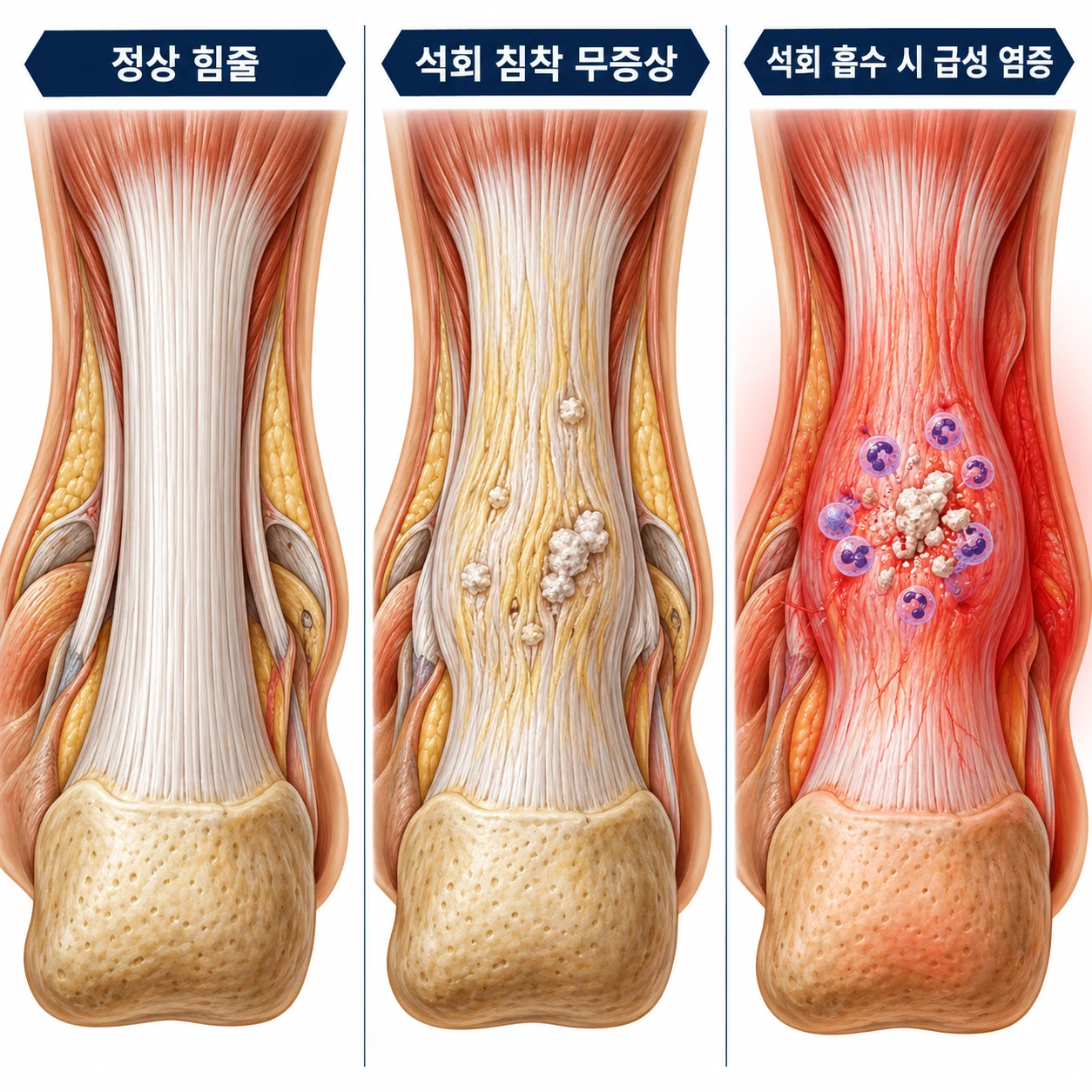 정상 힘줄에서 석회 침착, 석회 흡수 시 급성 염증까지의 진행 과정