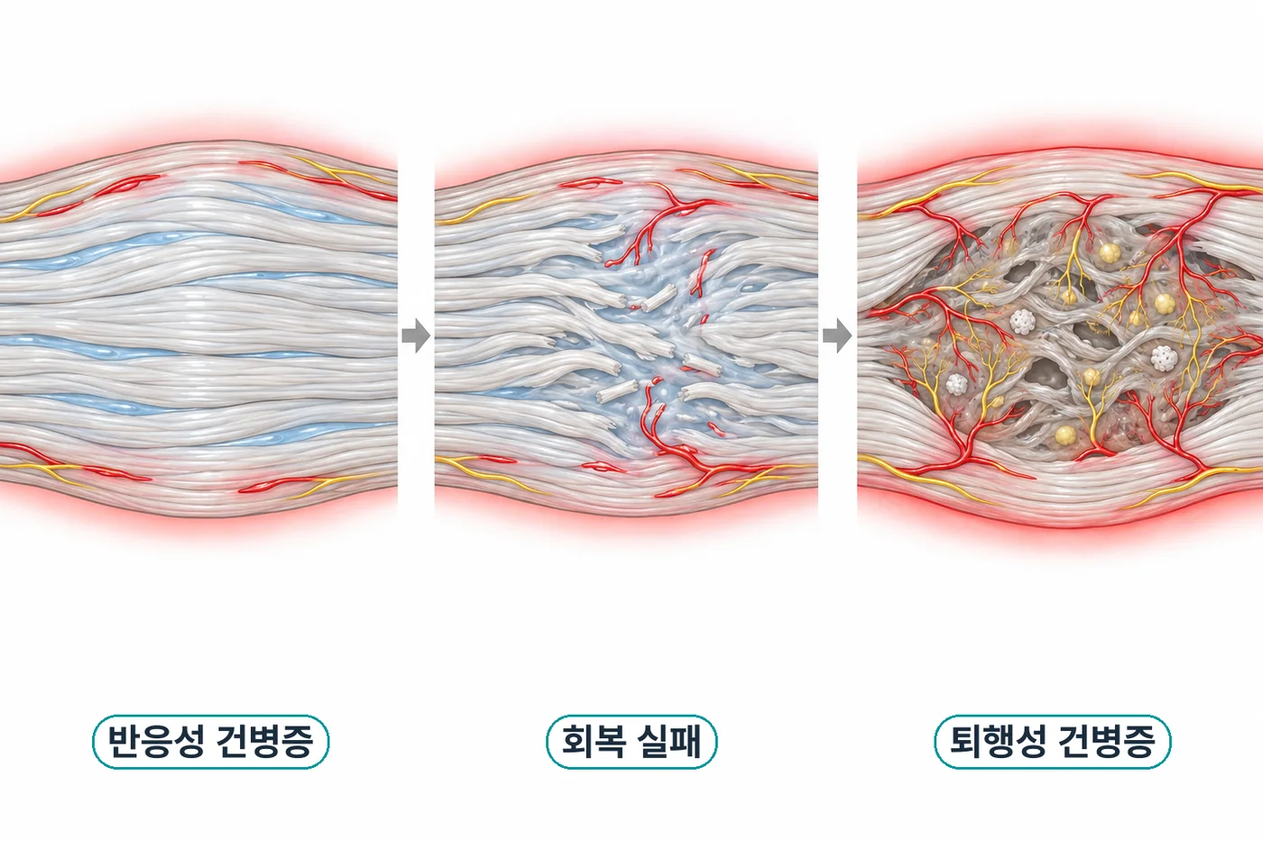 아킬레스건병증의 진행: 반응성 건병증, 회복 실패, 퇴행성 건병증