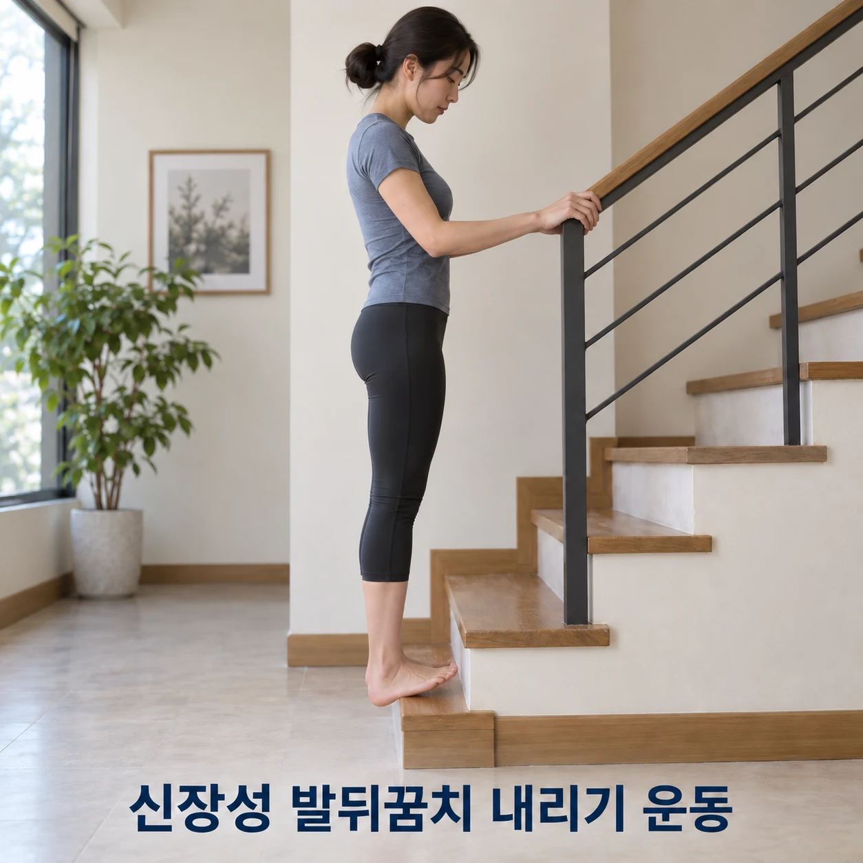 계단 끝에서 발뒤꿈치를 천천히 내리는 신장성 운동 동작