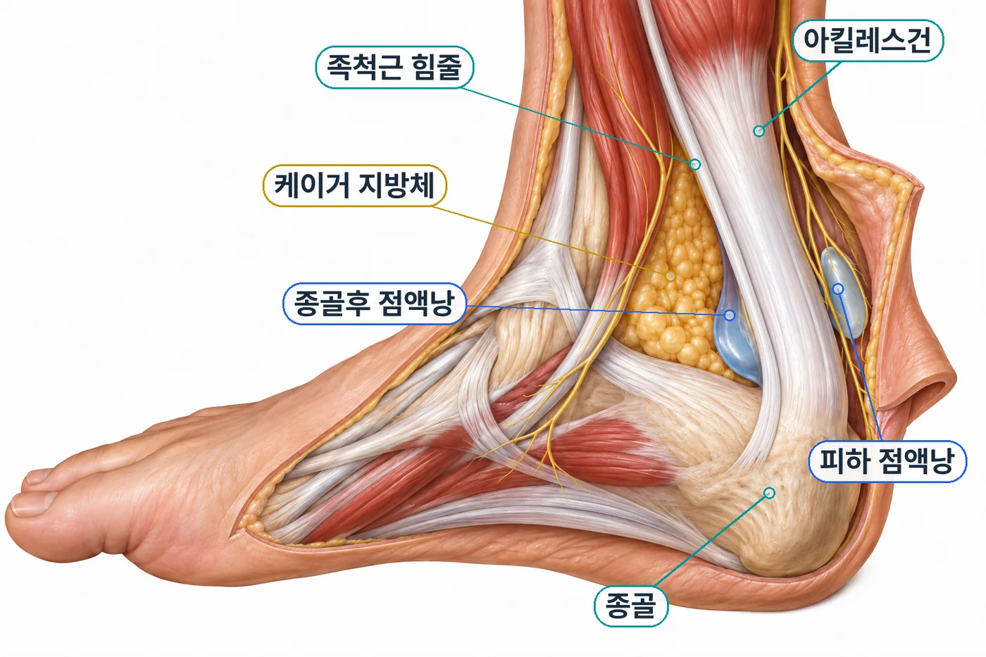 안쪽에서 본 발목 해부도: 아킬레스건, 족척근 힘줄, 케이거 지방체, 종골후 점액낭, 피하 점액낭