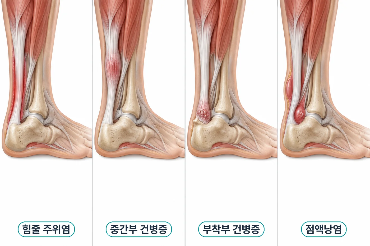 아킬레스건병증의 네 가지 유형: 힘줄 주위염, 중간부 건병증, 부착부 건병증, 점액낭염