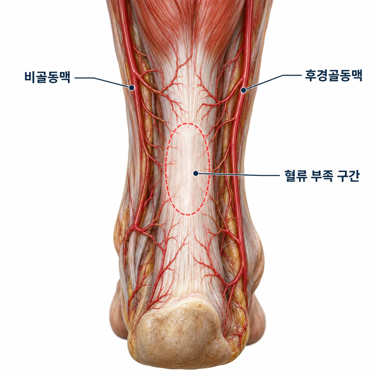 비골동맥과 후경골동맥 사이, 뒤꿈치 위 4~7cm 혈류 부족 구간