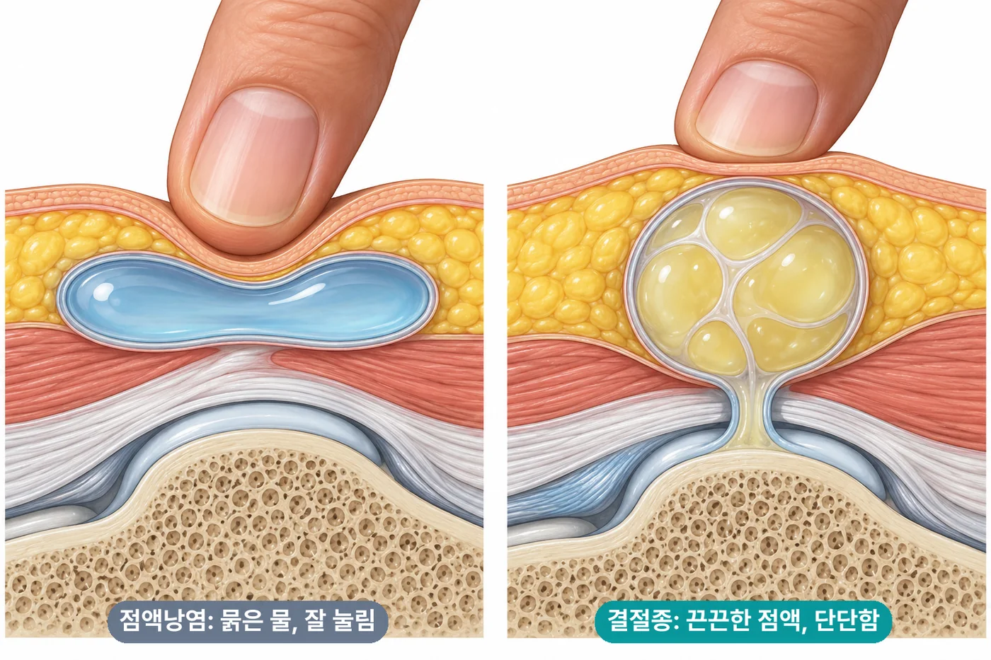 방이 하나이고 묽은 액체로 잘 눌리는 점액낭염과 격벽이 있고 끈끈해 잘 눌리지 않는 결절종 비교