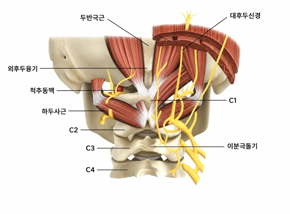 대후두신경이 두반극근과 하두사근 사이를 지나 이분극돌기 옆 척추동맥 곁을 지나는 전체 해부 구조를 보여주는 그림