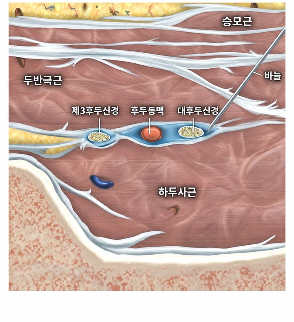 근막면 사이로 바늘이 진입하는 경로를 신경·혈관과 함께 보여주는 단면 모식도