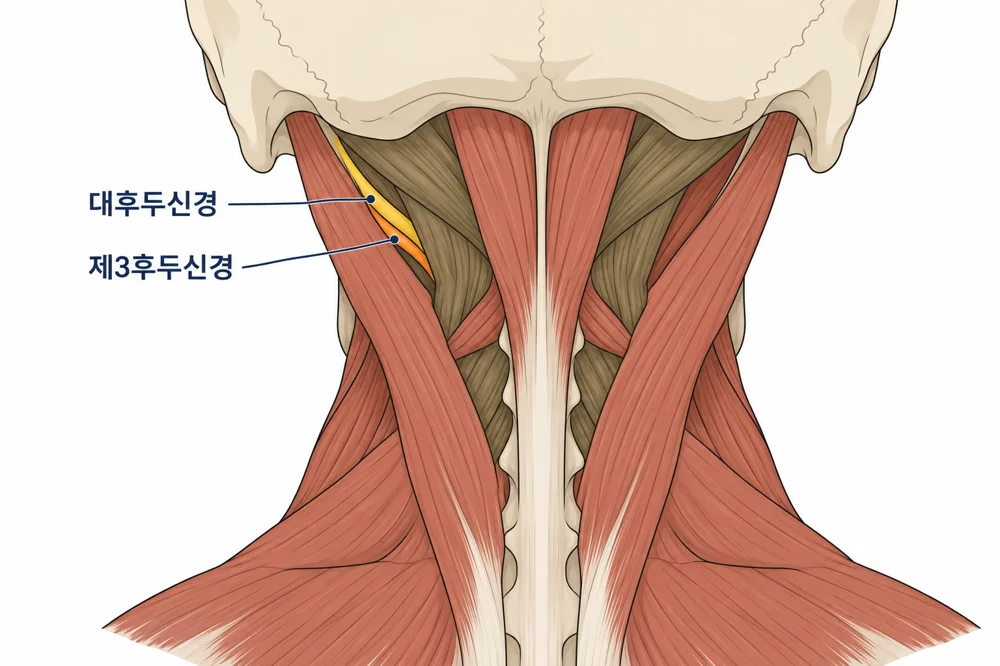대후두신경과 제3후두신경이 나란히 지나가는 위치를 비교한 모식도